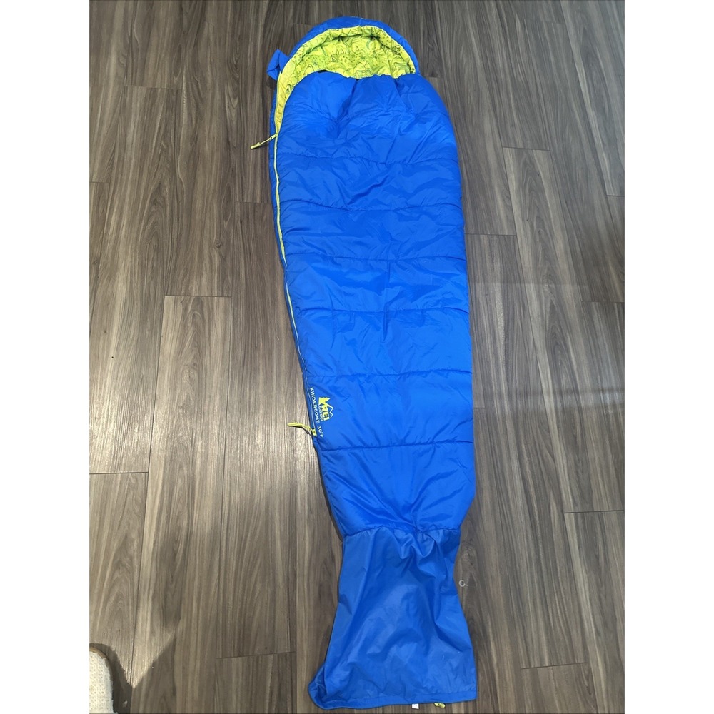 REI Kindercone Mummy Sleeping Bag - Preowned - Blue And Lime Green 30 Degrees